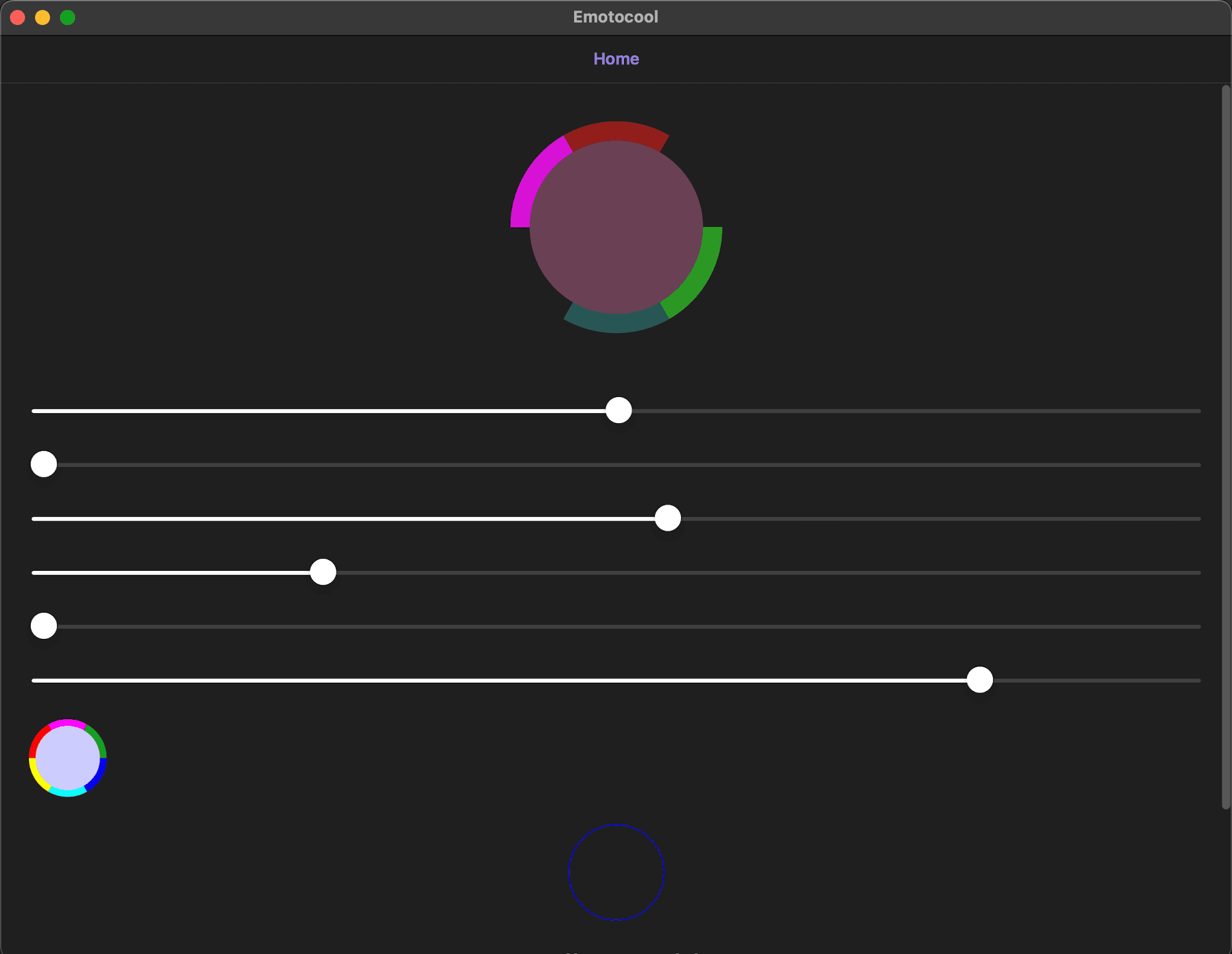 Image of a desktop application, with 5 sliders that adjust the opacity of different overlayed colors in a central circle.