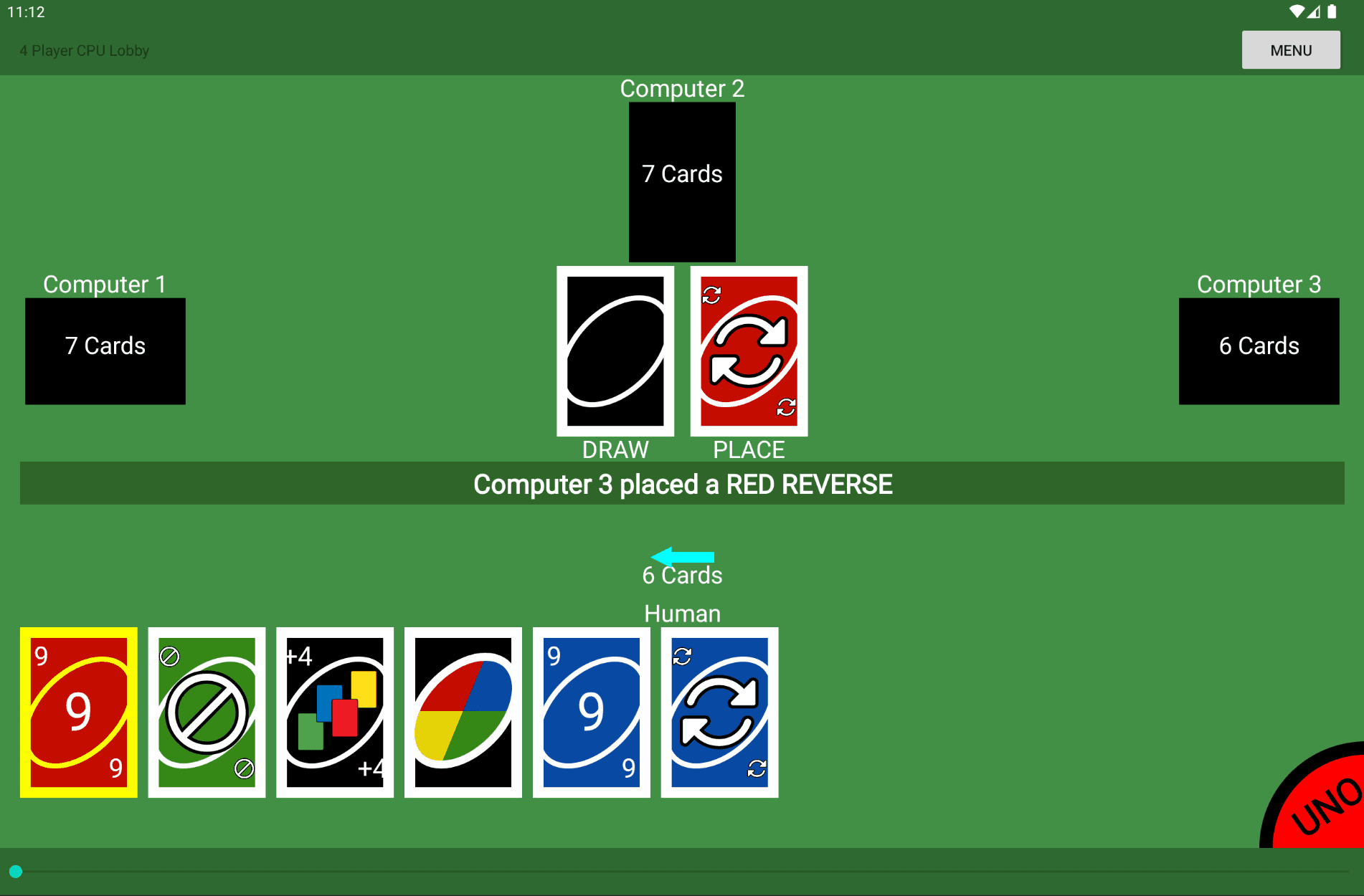 A screenshot of Three-Oh-Uno project in play.
